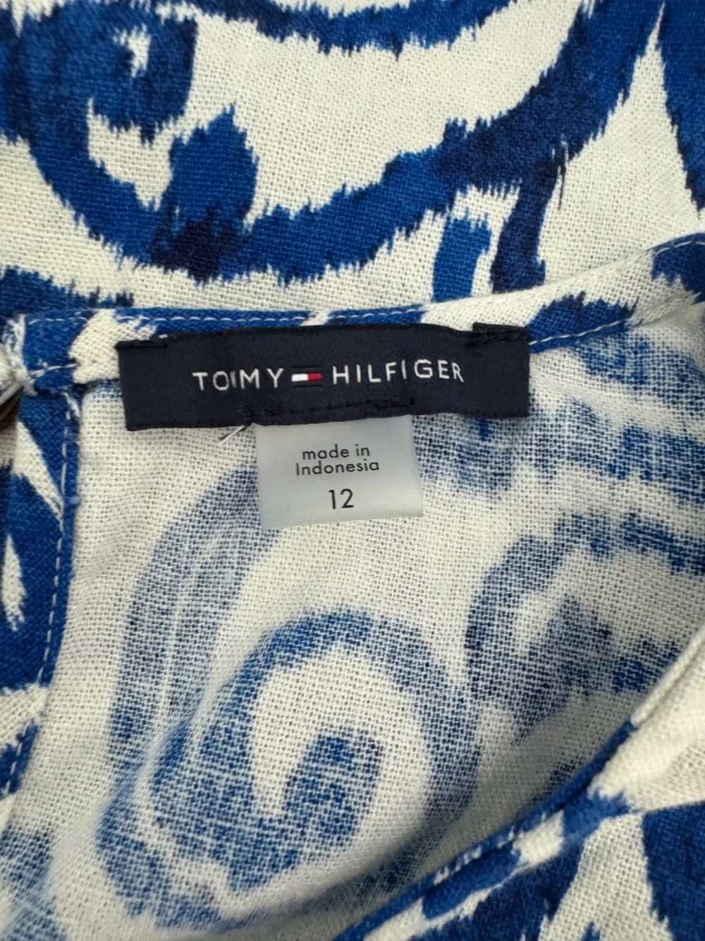 Tommy‎ Hilfiger Blue White Sleeveless Linen Viscose Dress Geometric Size 12 5
